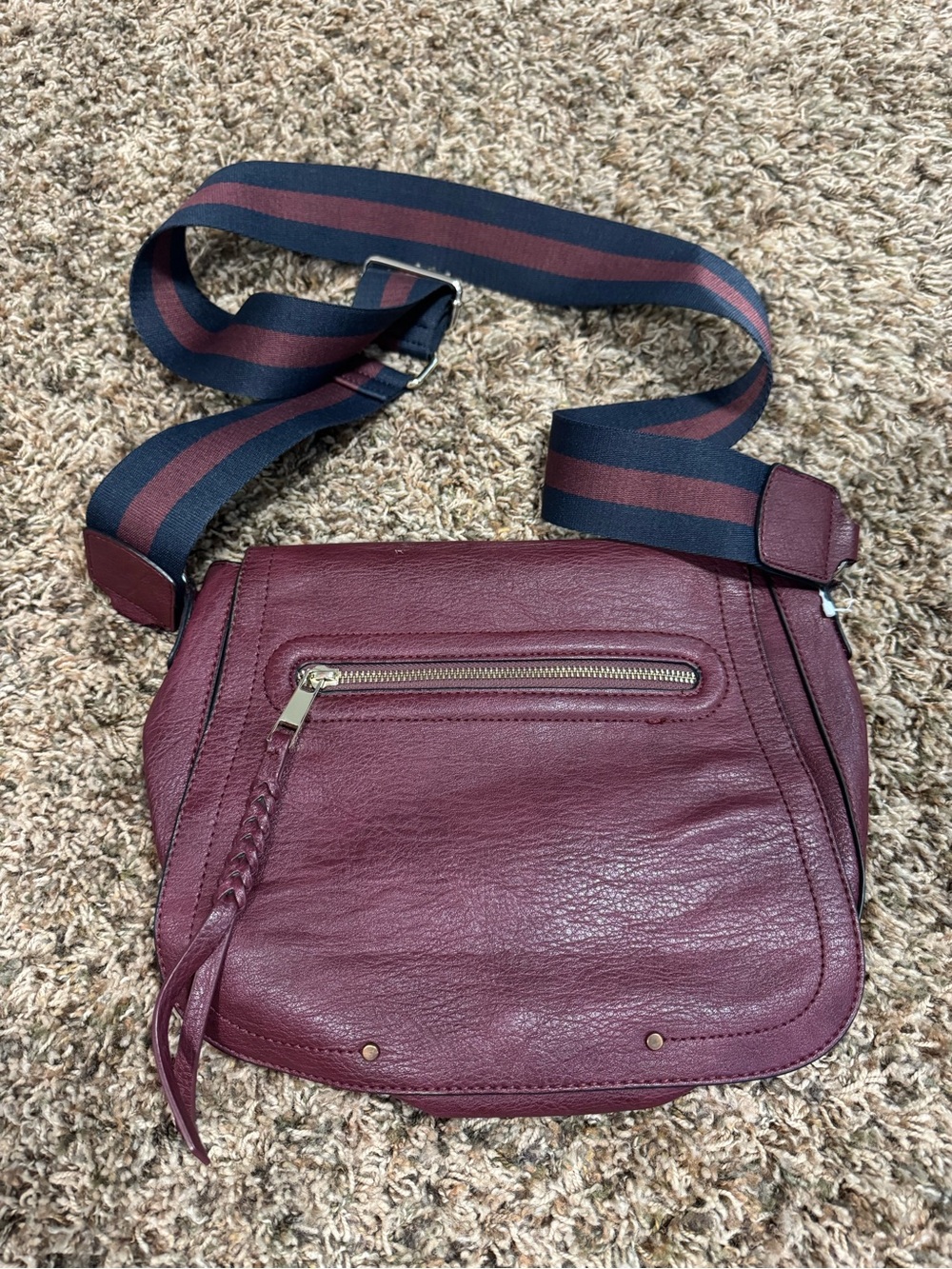 Gap Women’s Leather Crossbody Bag in Burgundy with Striped Navy Strap